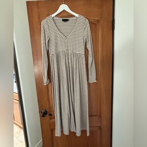 Hatch Beige and White Striped Long Sleeve Midi Dress